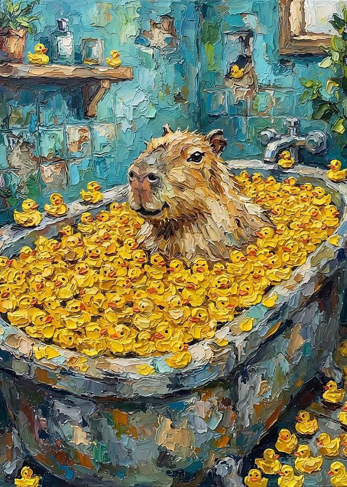 Capybara Relaxing in Rubber Duck Bath