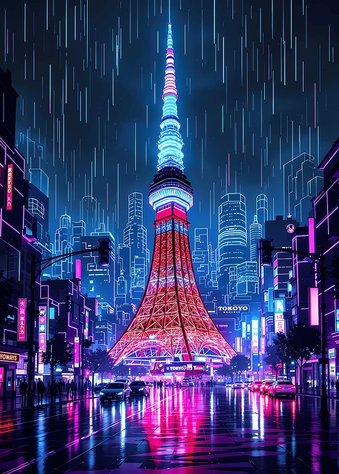 Futuristic Tokyo Skyline Cyberpunk City Lights Japanese Night Rain