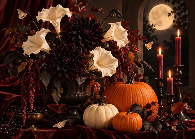 Gothic Autumn Still Life with Pumpkins