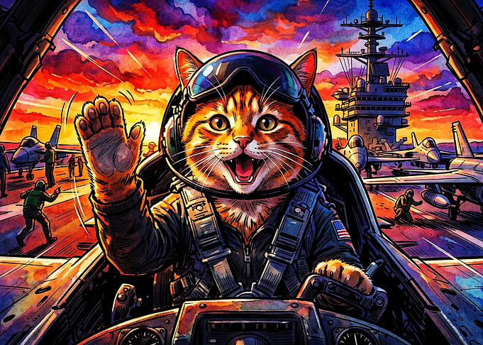Cat Pilot Aircraft Carrier Art Post