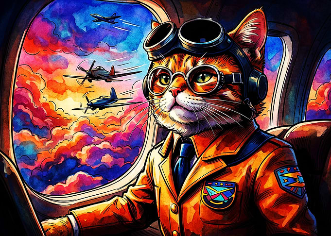 Cat Pilot Aviation Watercolor Art
