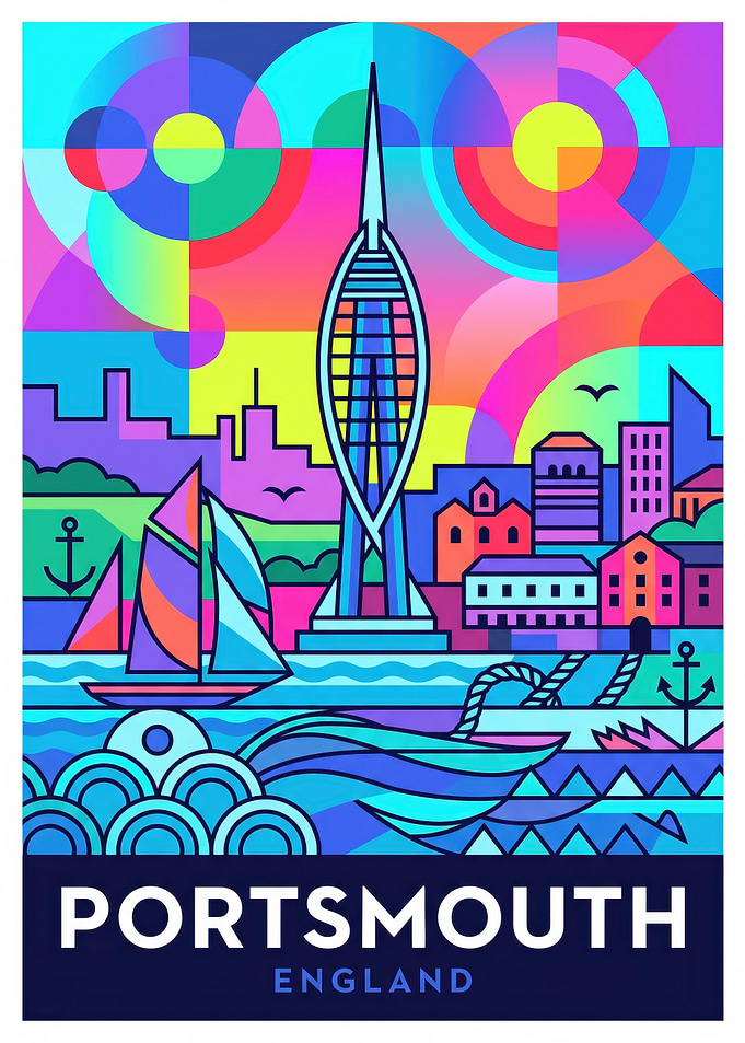 Colorful Portsmouth England Travel Poster