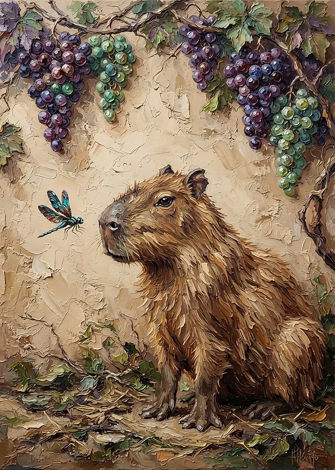 Capybara and Dragonfly Oil Painting