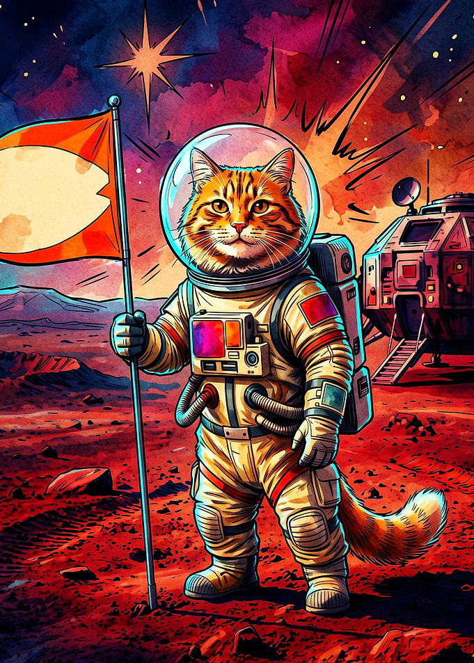 Space Cat Astronaut Mars Retro Art