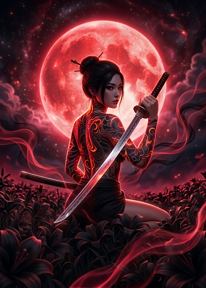 Tattooed Samurai Woman Under Red Moon