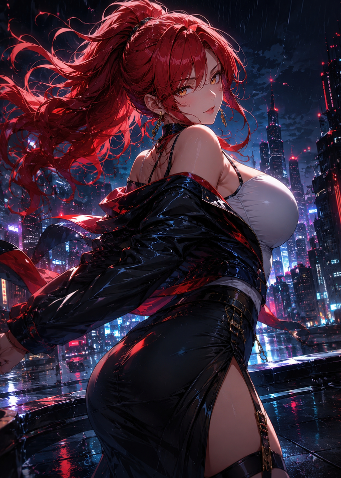 Red-Haired Anime Girl in Cyberpunk City