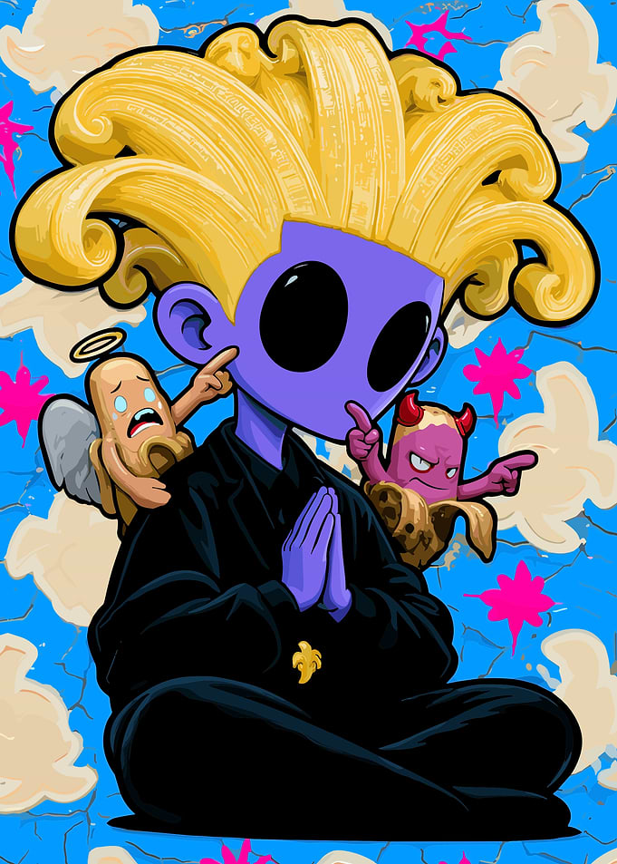 Purple Character with Angel and Devil