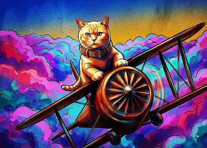 Cat Pilot Airplane Vibrant Art