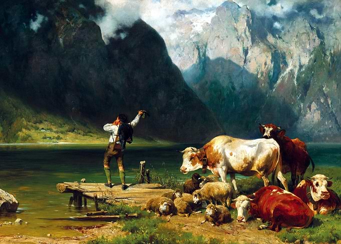 Alpine Herdsman by a Mountain Lake Painting