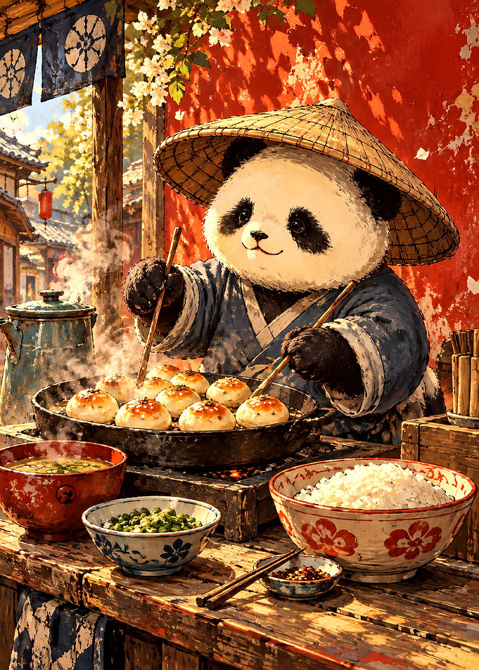 Panda Chef Cooking Steamed Buns