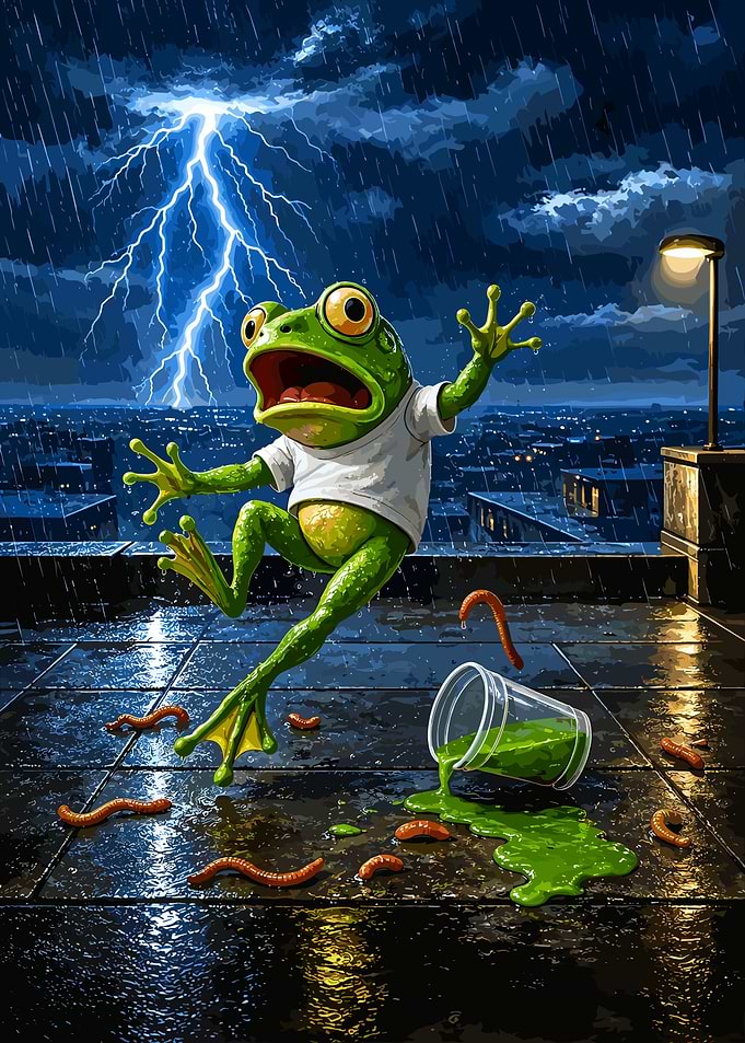 Shocked Frog in Rainstorm