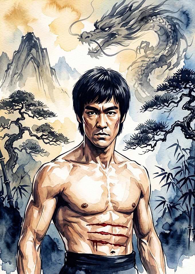 Martial Artist Dragon Watercolor Ar