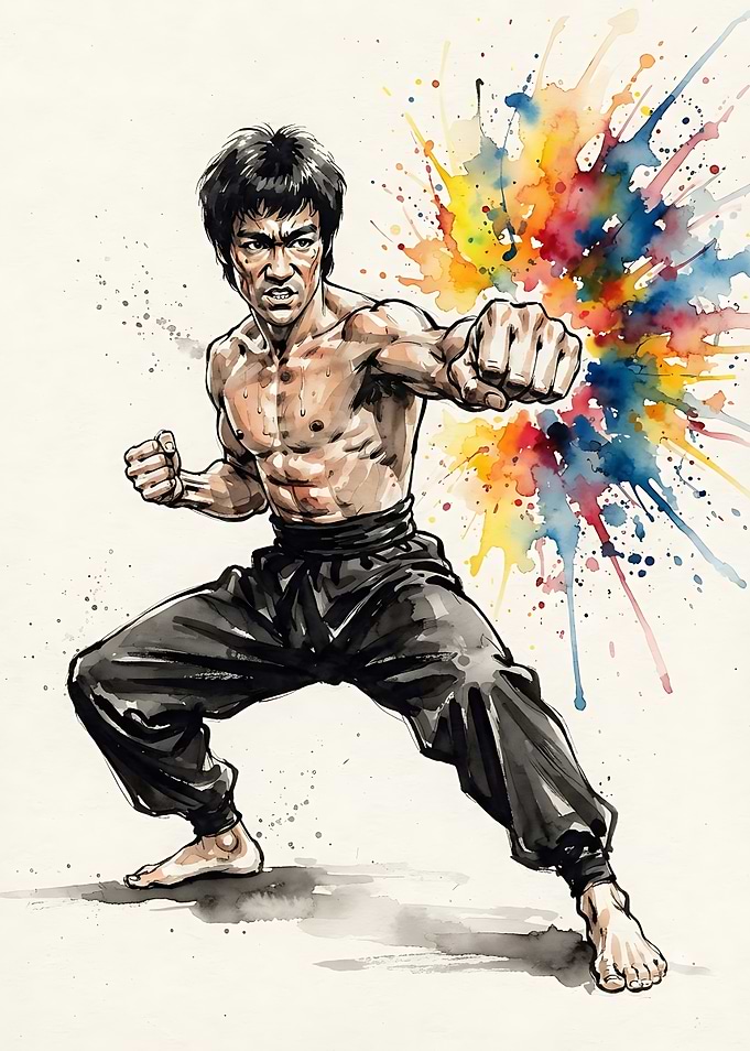 Bruce Lee Watercolor Action Portrait