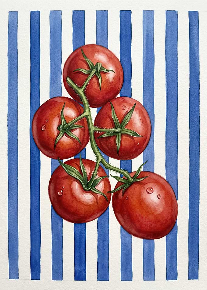 Watercolor Tomatoes on Blue Stripes