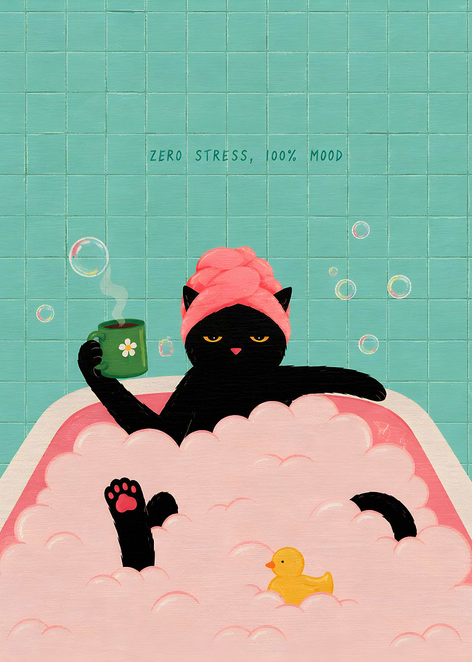 Relaxed Black Cat in Bubble Bath