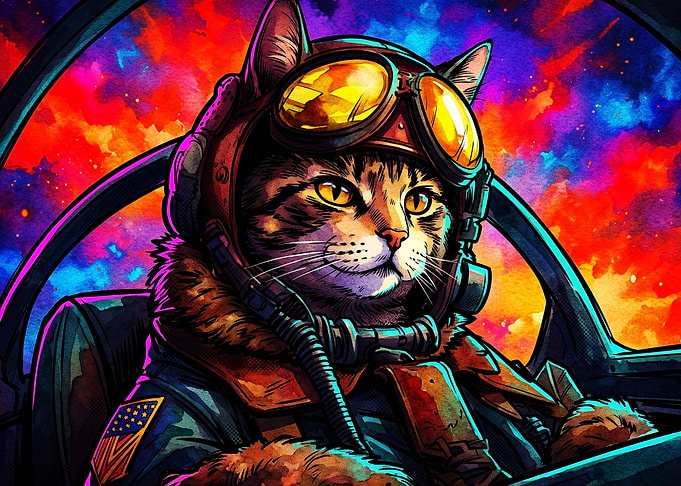 Cat Pilot Space Neon Cosmic Poster