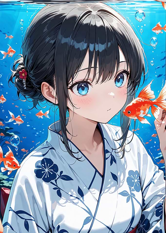 Anime Girl with Goldfish Underwater