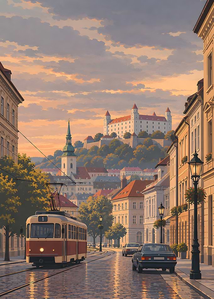 Bratislava Castle Street Scene at Sunset