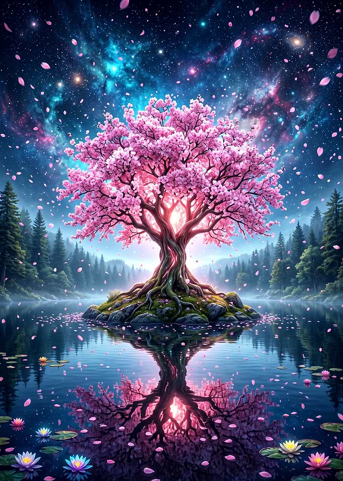 Glowing Cherry Blossom Tree at Night