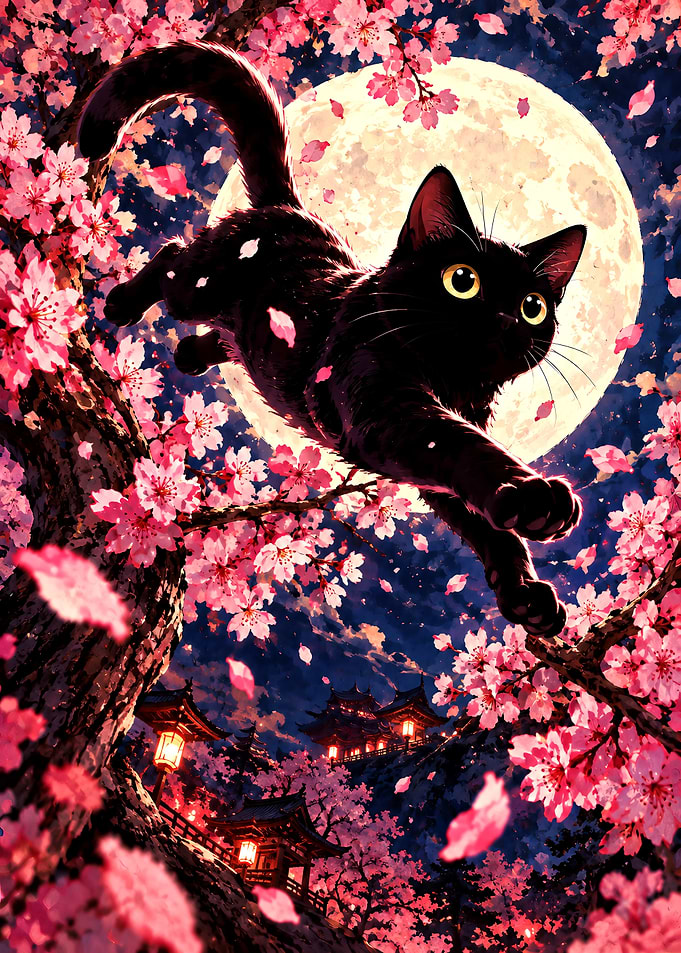 Black Cat Leaping Through Cherry Blossoms