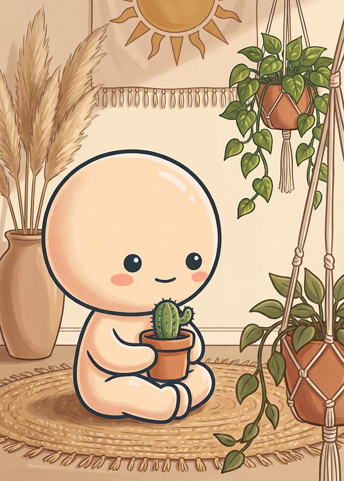 Cute Character Holding a Small Cactus