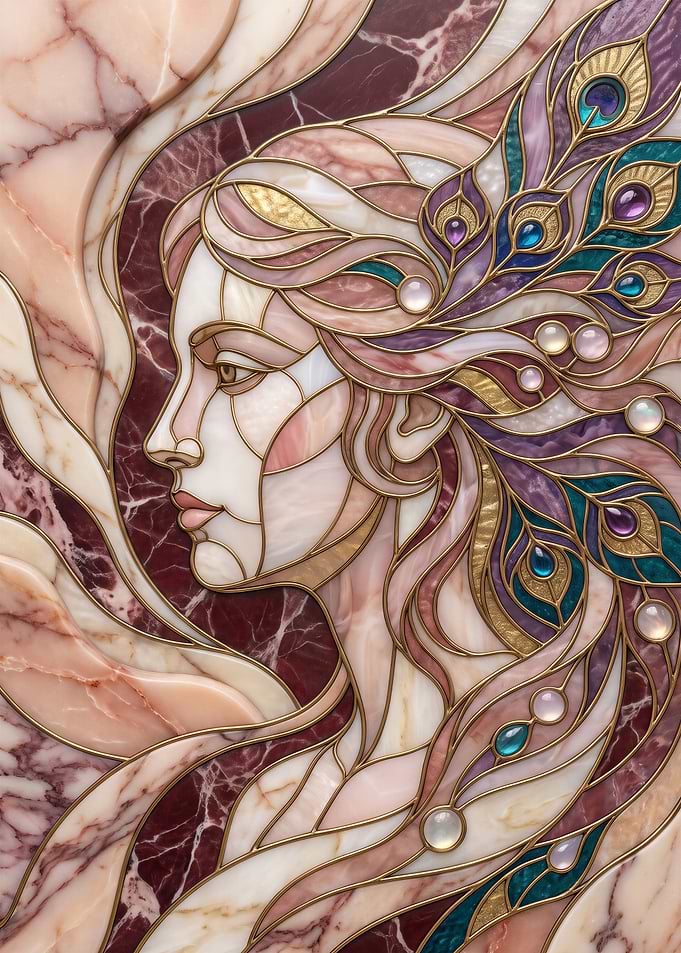 Art Nouveau Peacock Woman Marble Mosaic