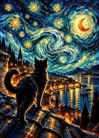 Black Cat Watching Starry Night