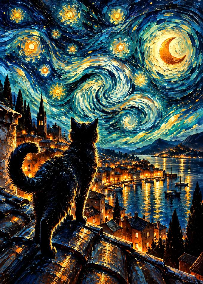 Black Cat Watching Starry Night