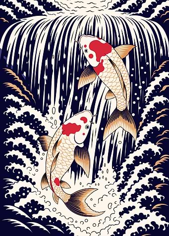 Koi Fish Climbing the Waterfall