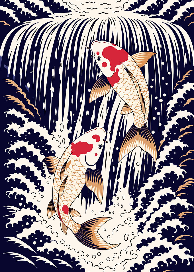Koi Fish Climbing the Waterfall