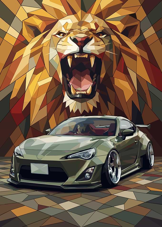 Geometric Lion and Tuned Sports Car