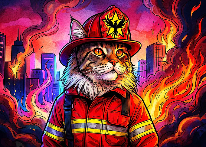 Firefighter Cat Hero Watercolor Pos
