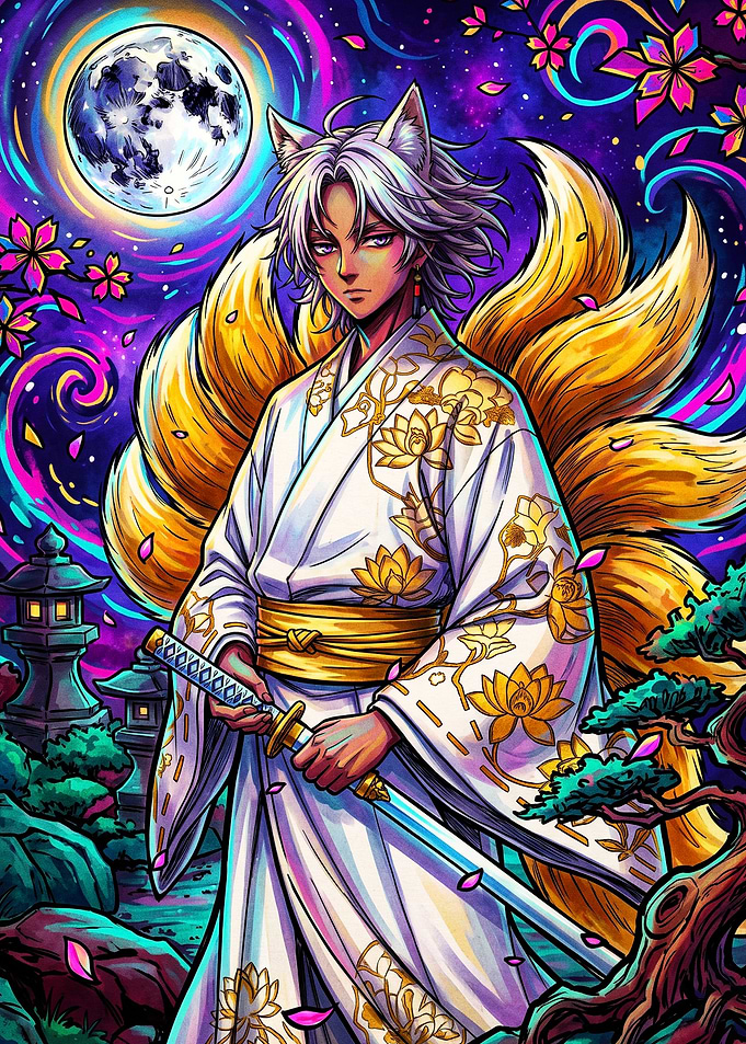 Kitsune Samurai Moon Neon Art