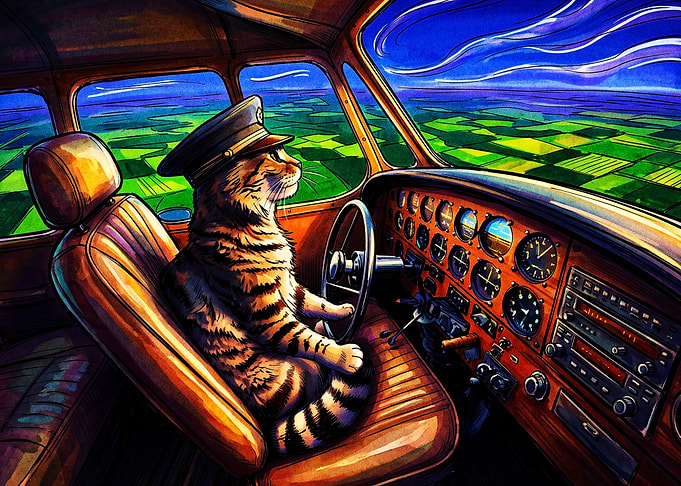 Pilot Cat Flying Airplane Art