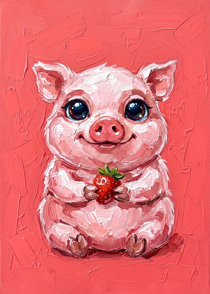 Cute Piglet Holding a Strawberry