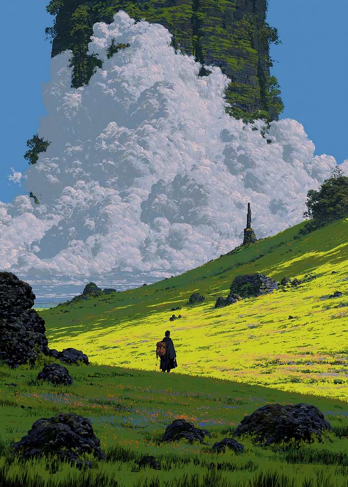 Traveler in a Vast Green Landscape