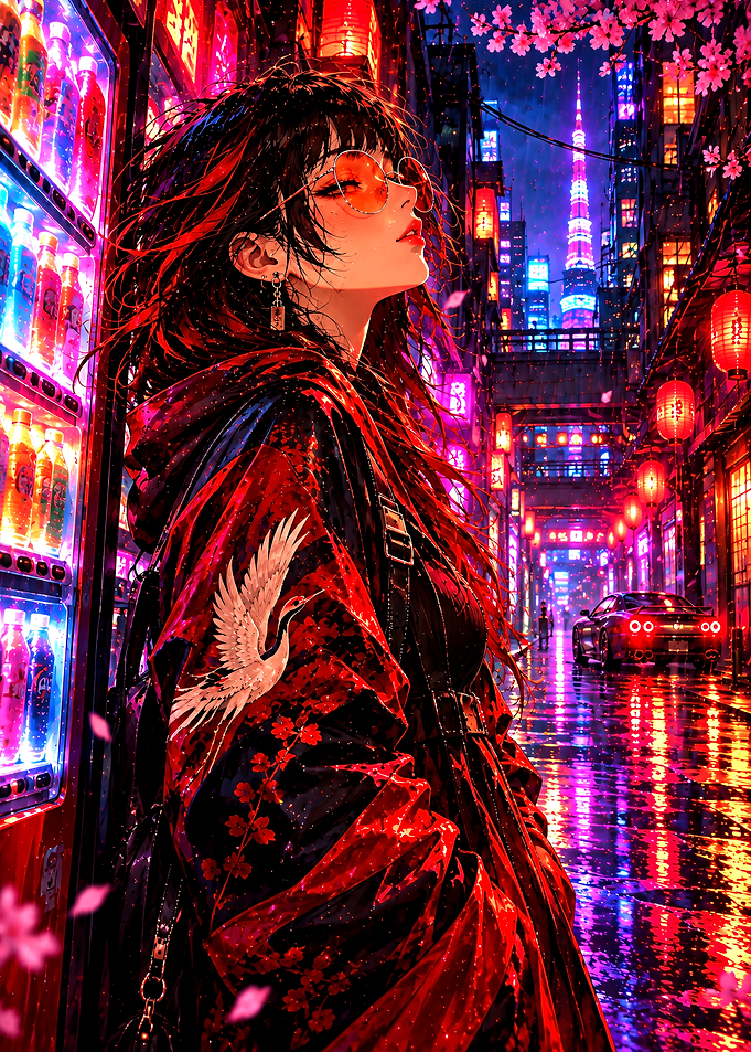 Cyberpunk Girl in Neon Tokyo Street