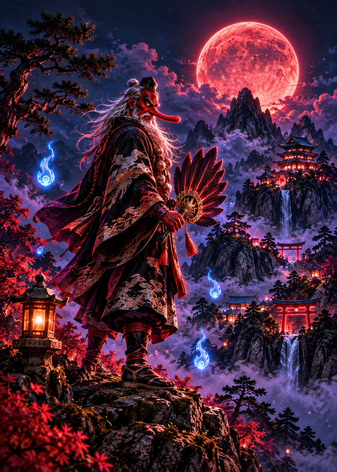 Tengu Demon Under Red Moon