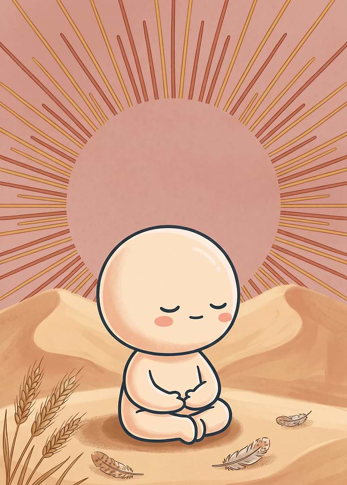 Cute Meditating Character in Desert