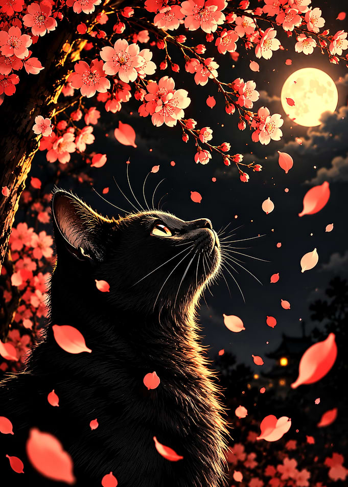 Black Cat Under Cherry Blossoms