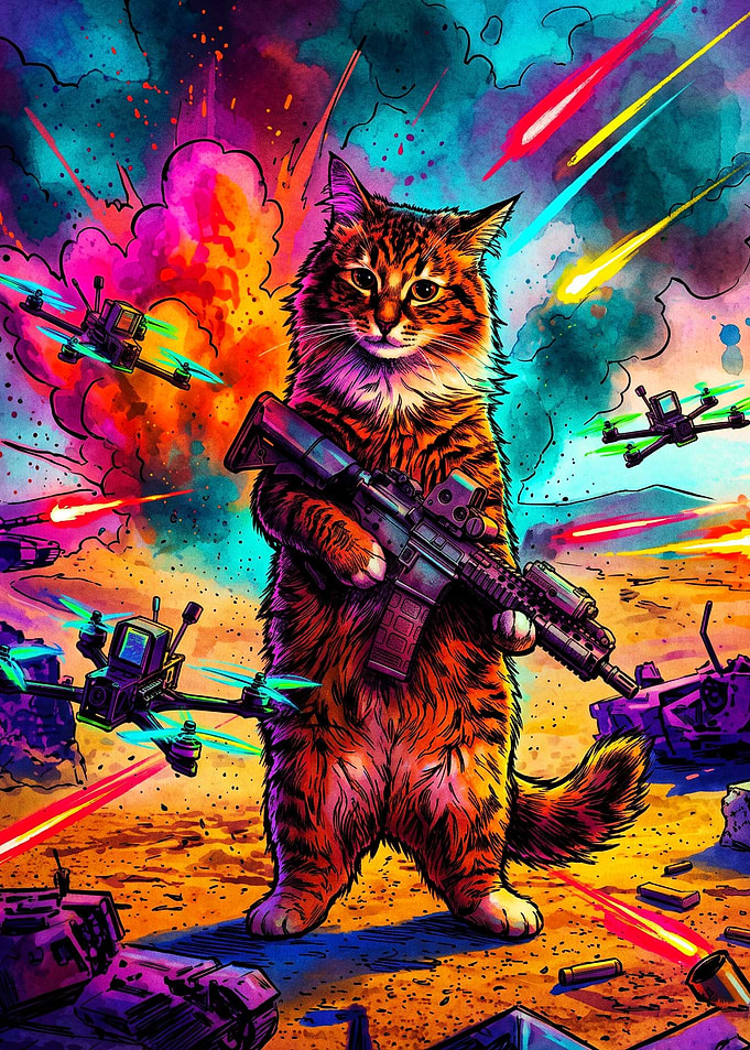 Cat War Gun Neon Psychedelic Poster