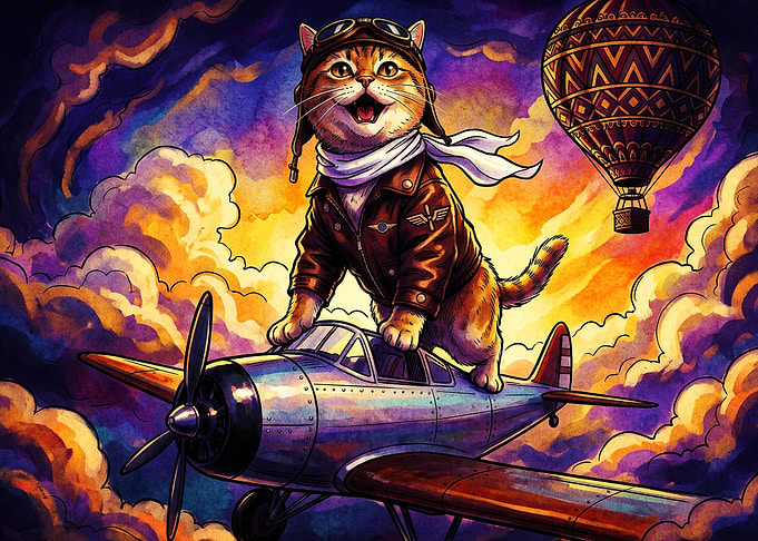 Cat Pilot Airplane Fantasy Poster