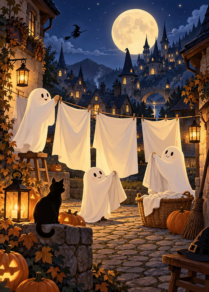 Cute Ghosts Hanging Laundry at Night