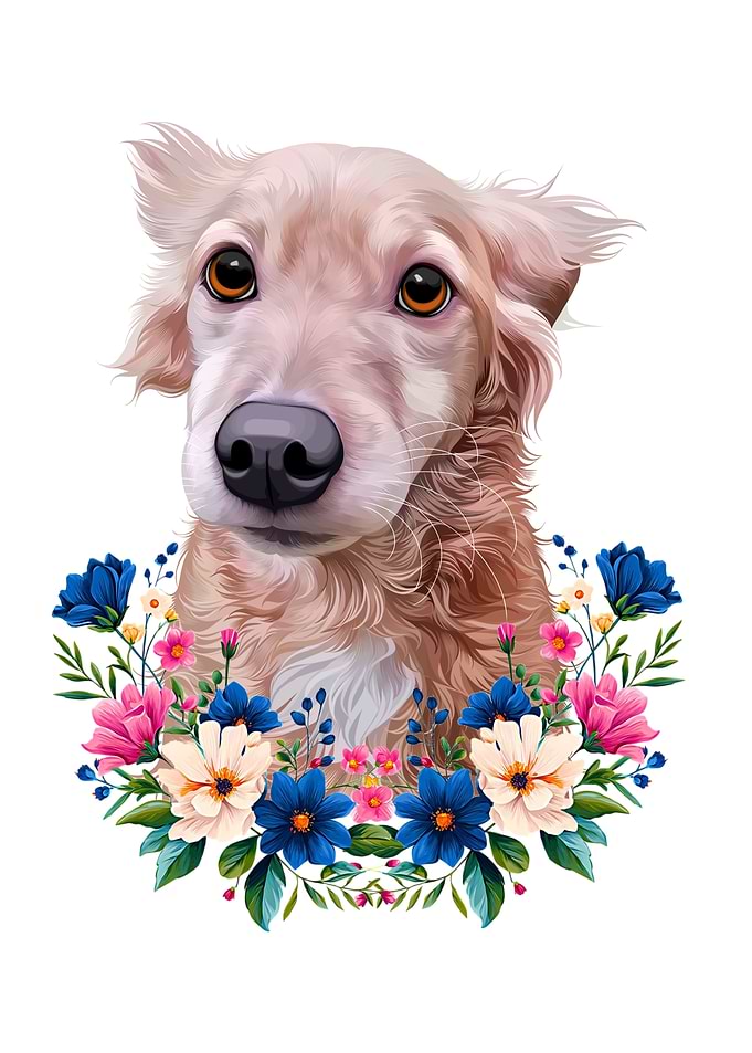 Portrait of a Dog with Flowers