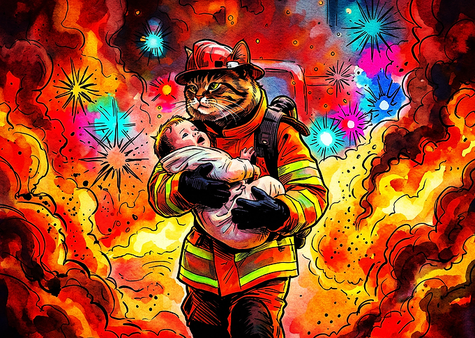 Firefighter Cat Rescue Watercolor A