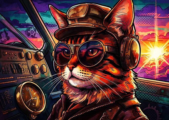 Pilot Cat Sunset Retro Art Poster