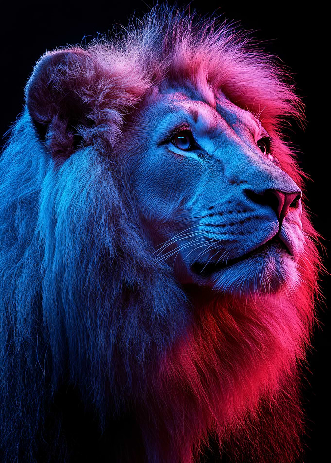 Neon Lit Lion Portrait