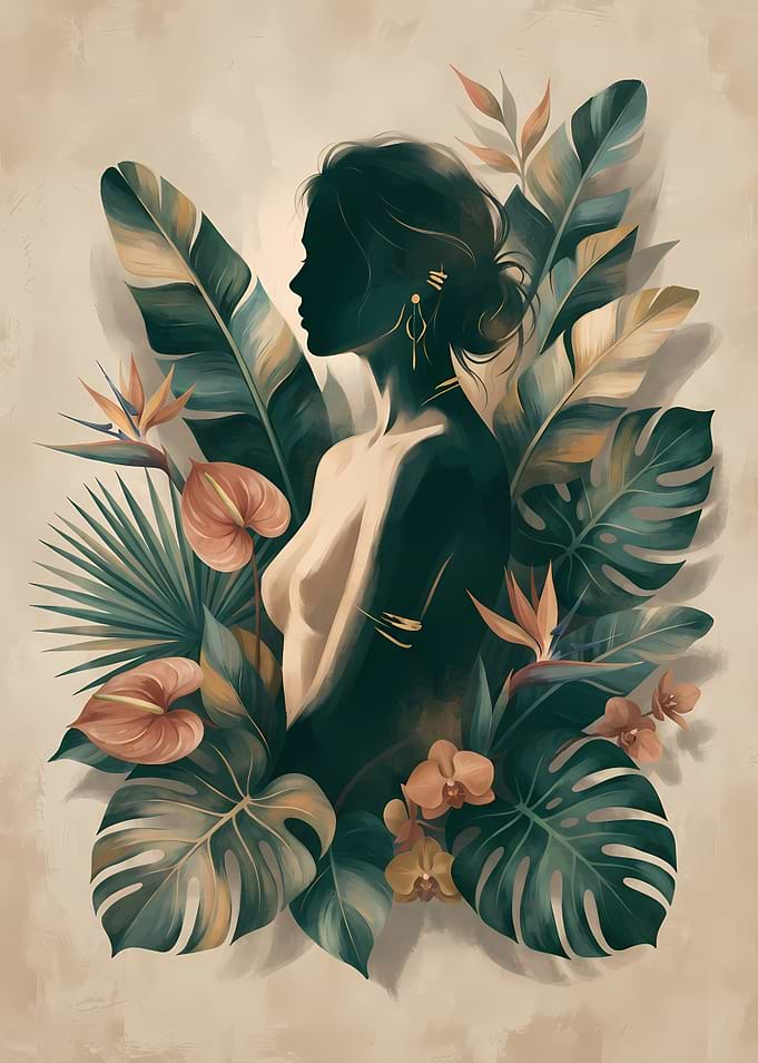 Woman Silhouette Amidst Tropical Foliage