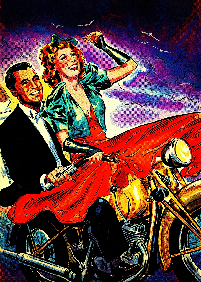 Vintage Couple Riding Motorcycle Illustration