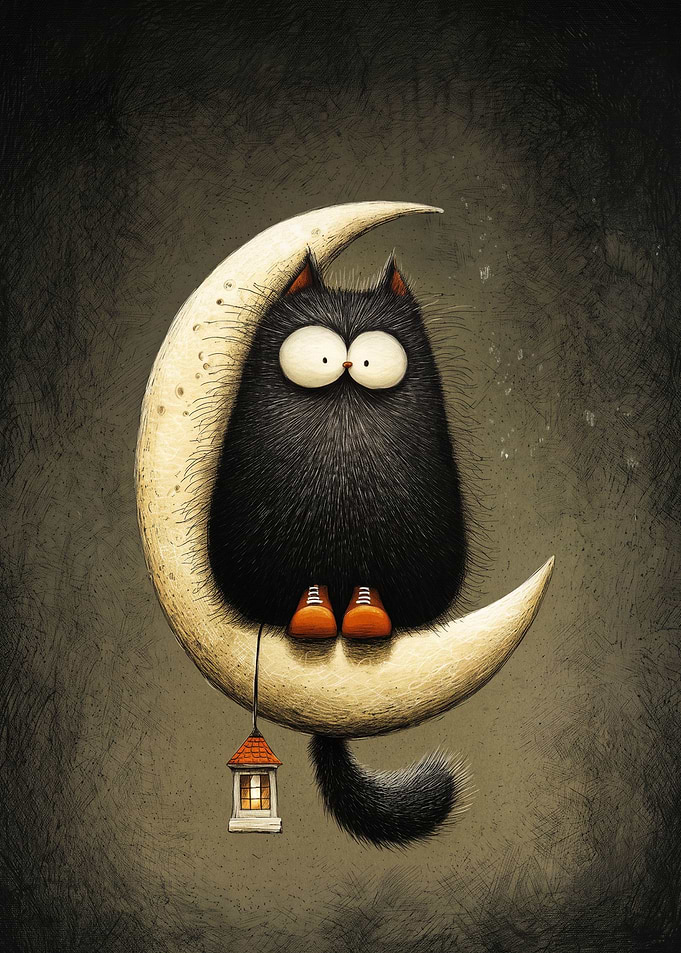 Fluffy Black Cat Sitting on Moon